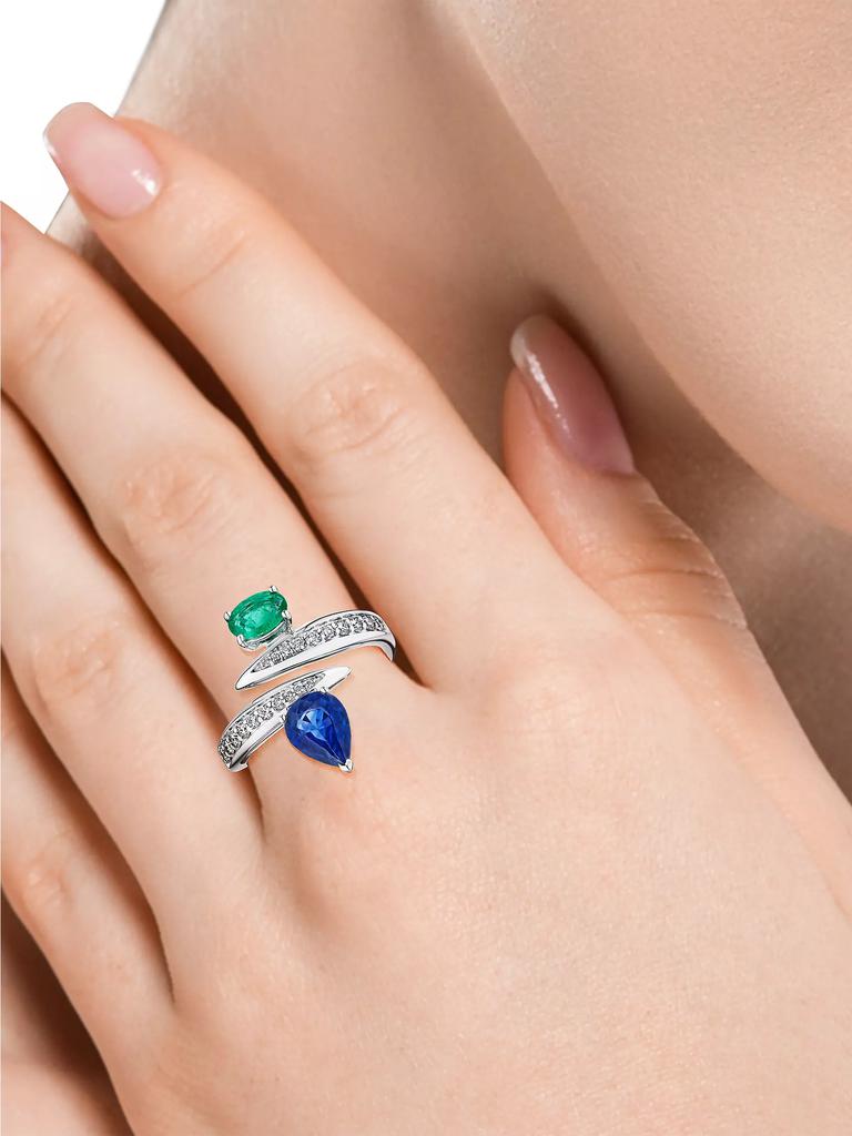 HUEB Tribal 18K White Gold, 1.62 TCW Diamonds & Multi-Gemstone Bypass Ring