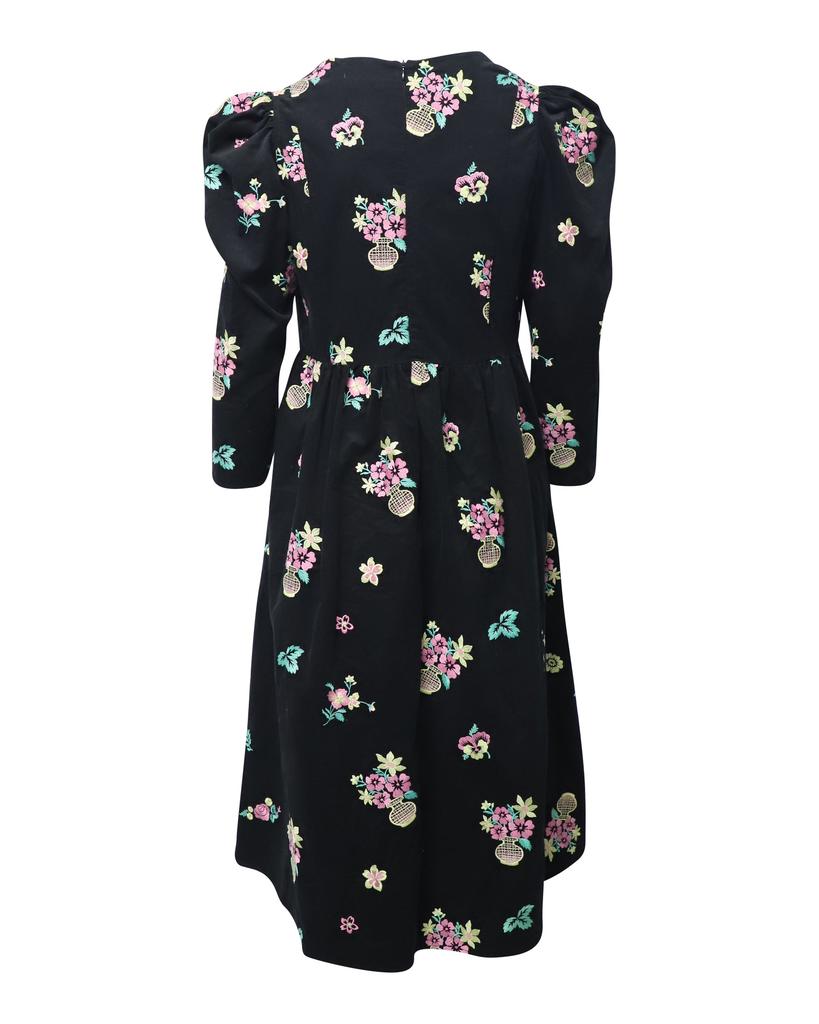 BATSHEVA Puff Sleeve Midi Dress in Black Floral Print Cotton