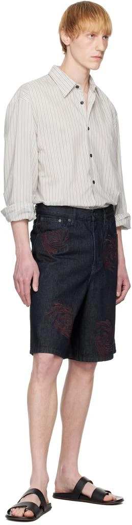 Dries Van Noten Navy Embroidered Pattern Denim Shorts 4
