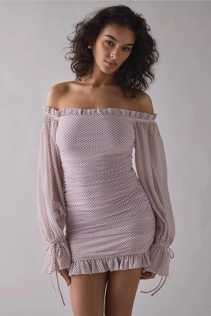 AFRM AFRM Claudia Mauve Pin Dot Off-The-Shoulder Ruched Mini Dress
