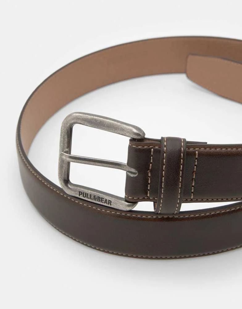 Pull&Bear Pull&Bear Leather effect belt with stitching in brown