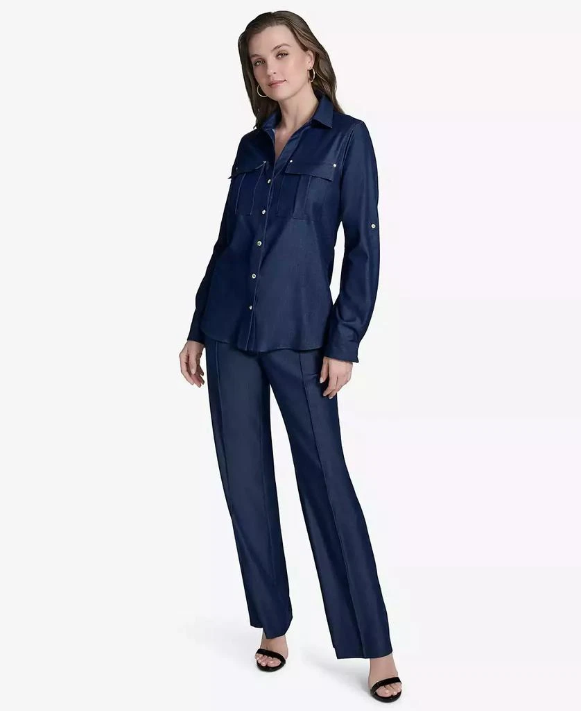 HALSTON Women's Collared Roll-Tab-Sleeve Button-Front Shirt 5