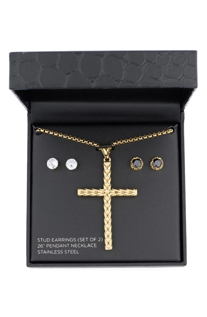 American Exchange Men's Crystal Stud Earrings & Cross Pendant Necklace Set 2