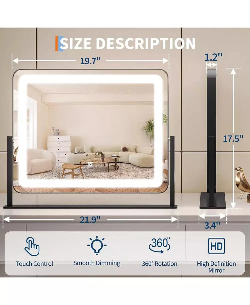 Homfan LED Vanity Mirror, 19.7" x 17.5" Touch Screen Makeup Mirror with 3 Lighting Modes, Adjustable Tabletop Design 9