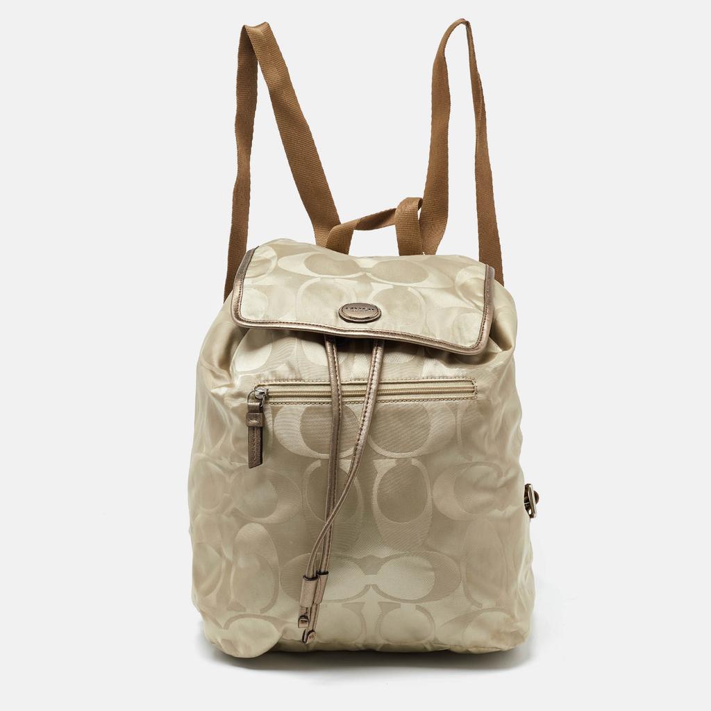 Coach Coach Beige/Metallic Signature Nylon and Leather Backpack