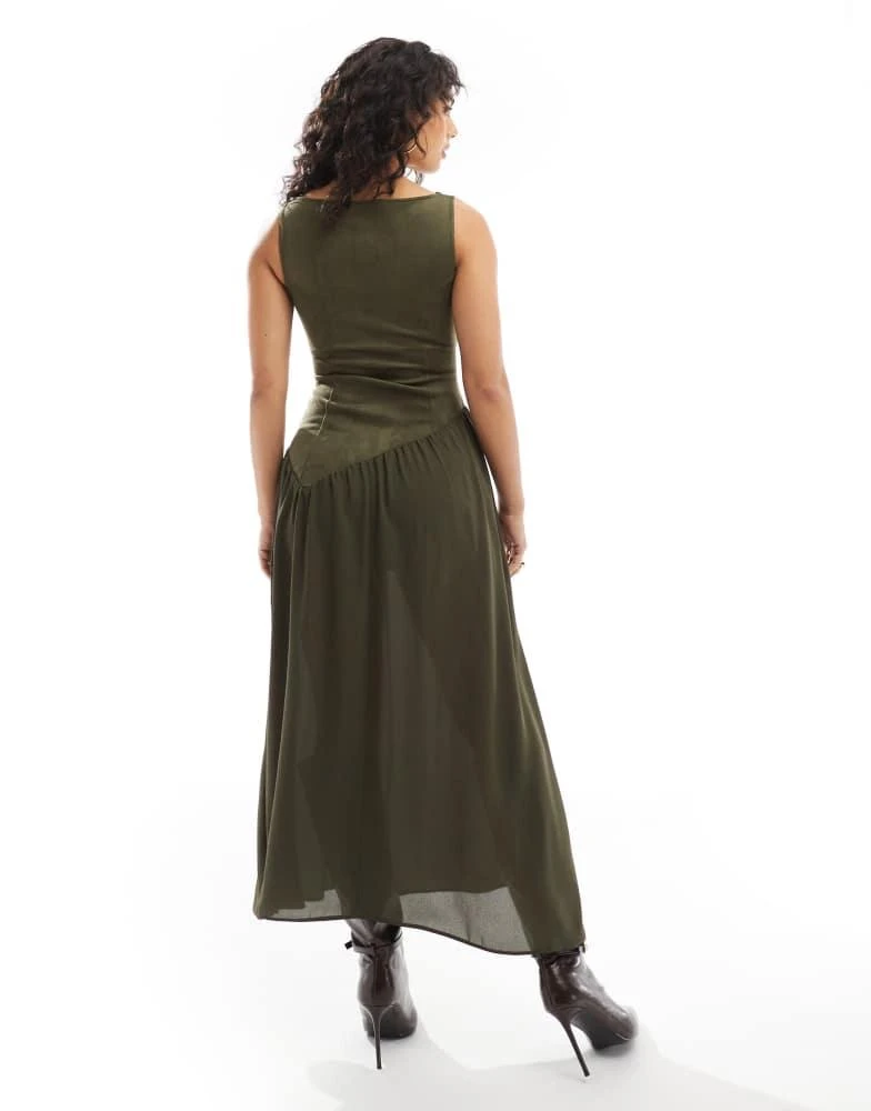 ASOS ASOS DESIGN suede buckle asymmetric waist midi dress in khaki 2