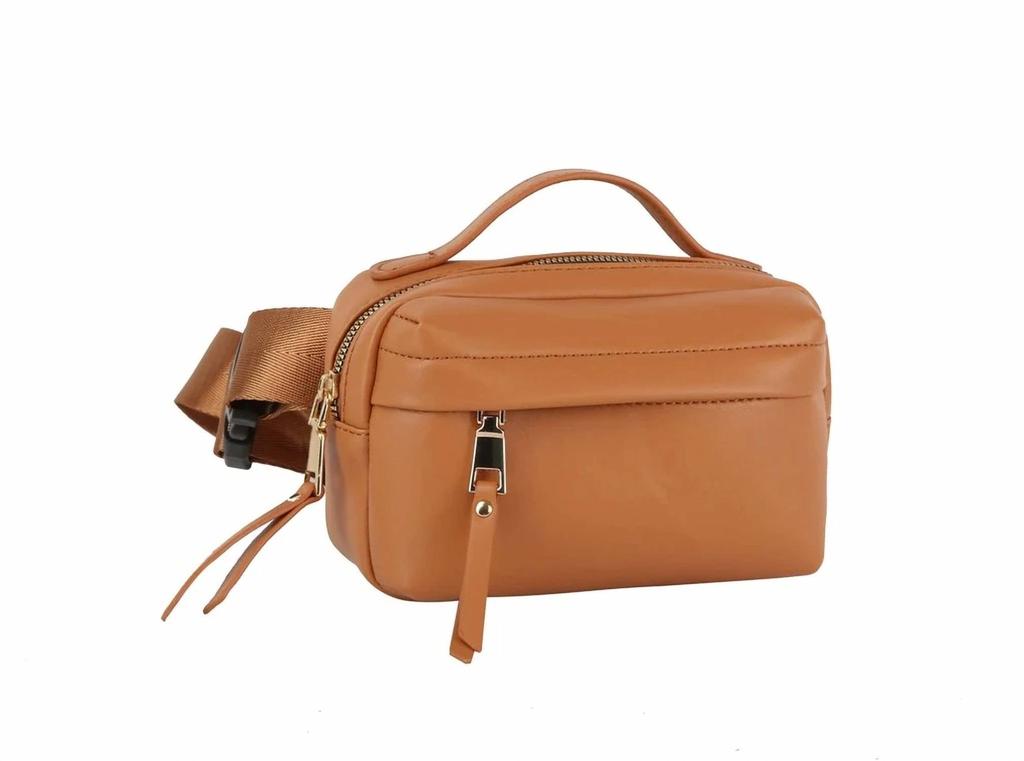 Handbag Factory Corp Women
s Triple Zip Fanny Pack Belt Bag In Tan
