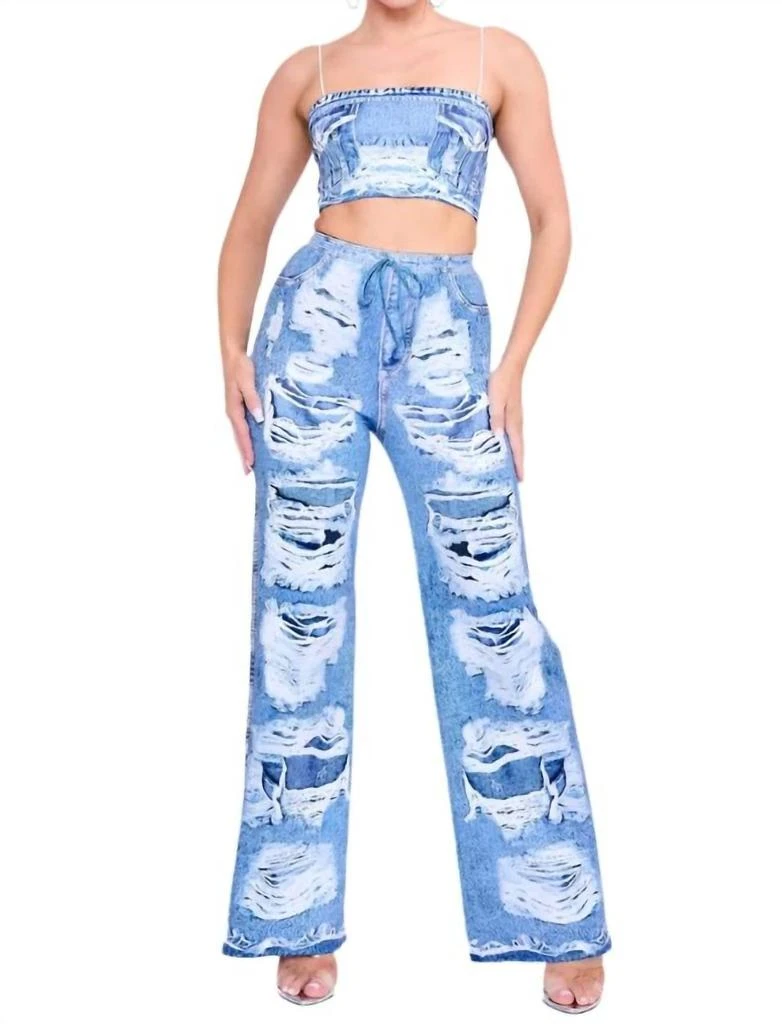 Her Bottari Denim Illusion Pant Set In Light Blue