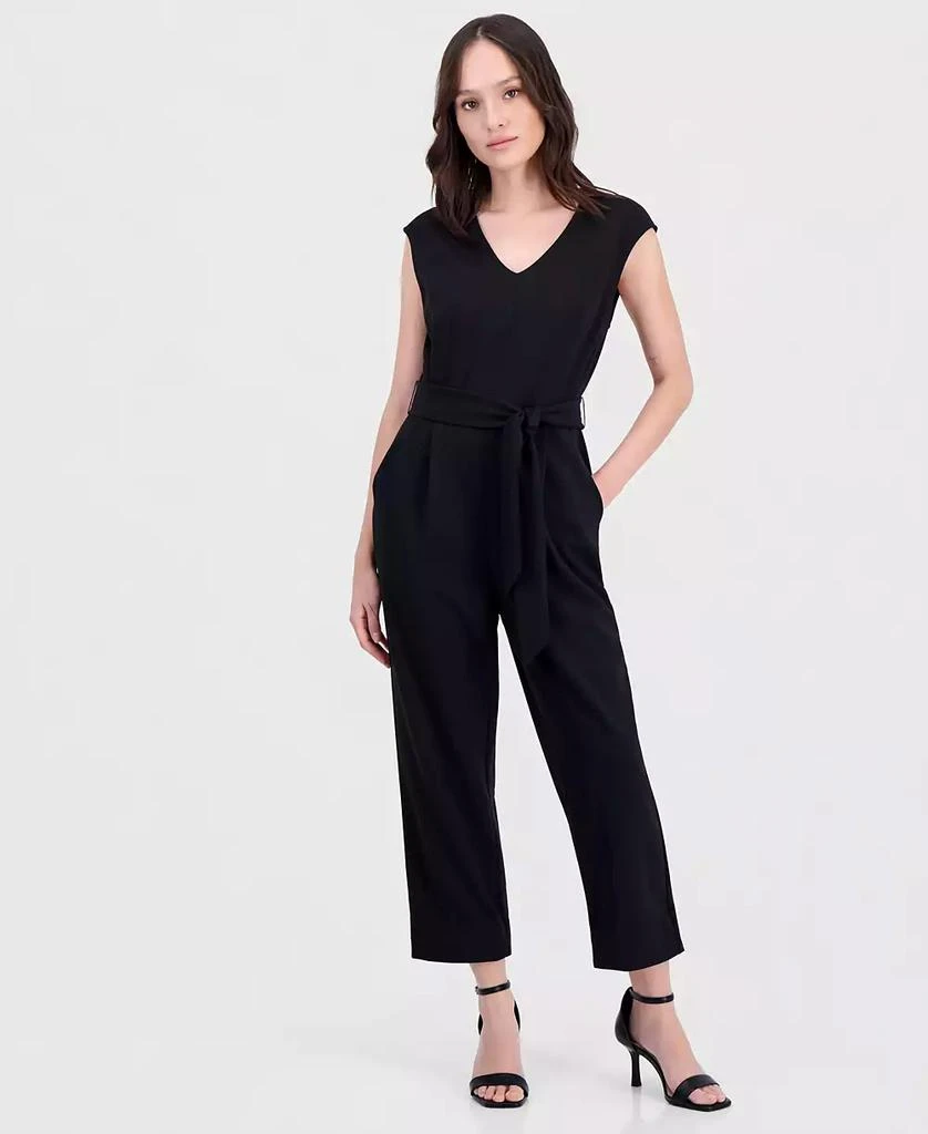 Anne Klein Essentials Petite Belted V-Neck Jumpsuit