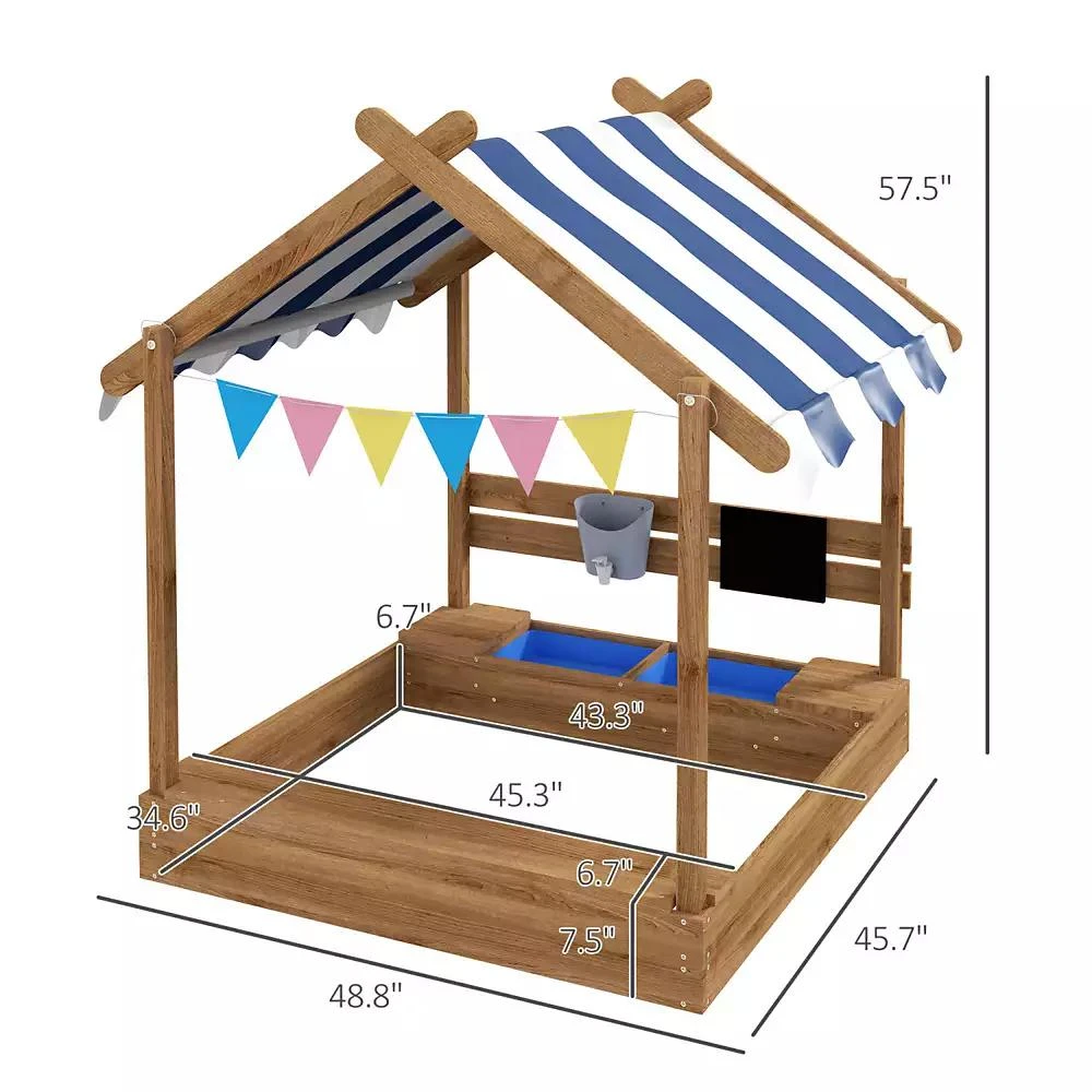Streamdale Furniture Wooden Sandbox with Canopy House Design for 3-7 Years Old, Brown 3