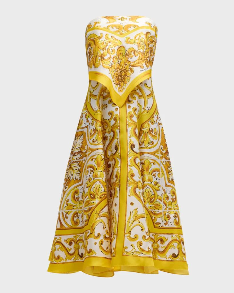 Dolce & Gabbana Maiolica-Print Silk Twill Strapless Scarf Midi Dress 1