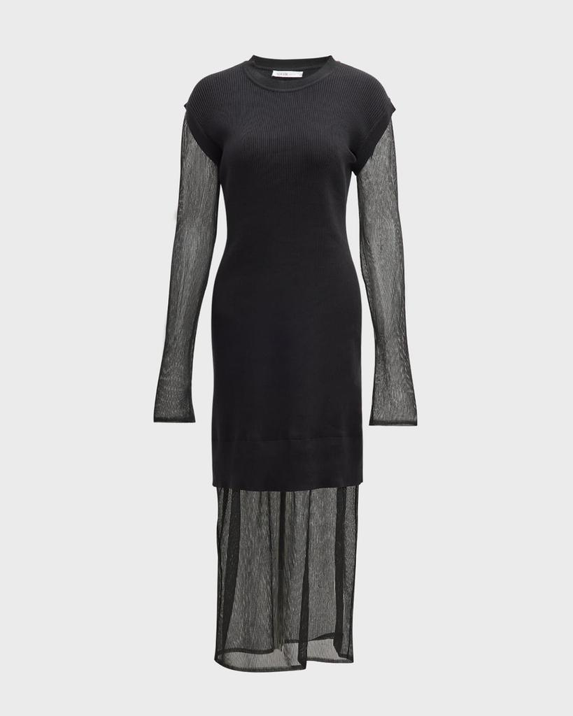 ADEAM Cassandra Layered Sheer Knit Long-Sleeve Midi Dress