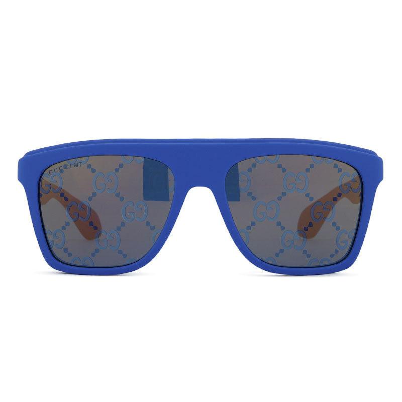 Gucci Gucci Square Full Rim, with a Matte Blue frame and Bronze and Blue Mirror with GG Pattern lens.