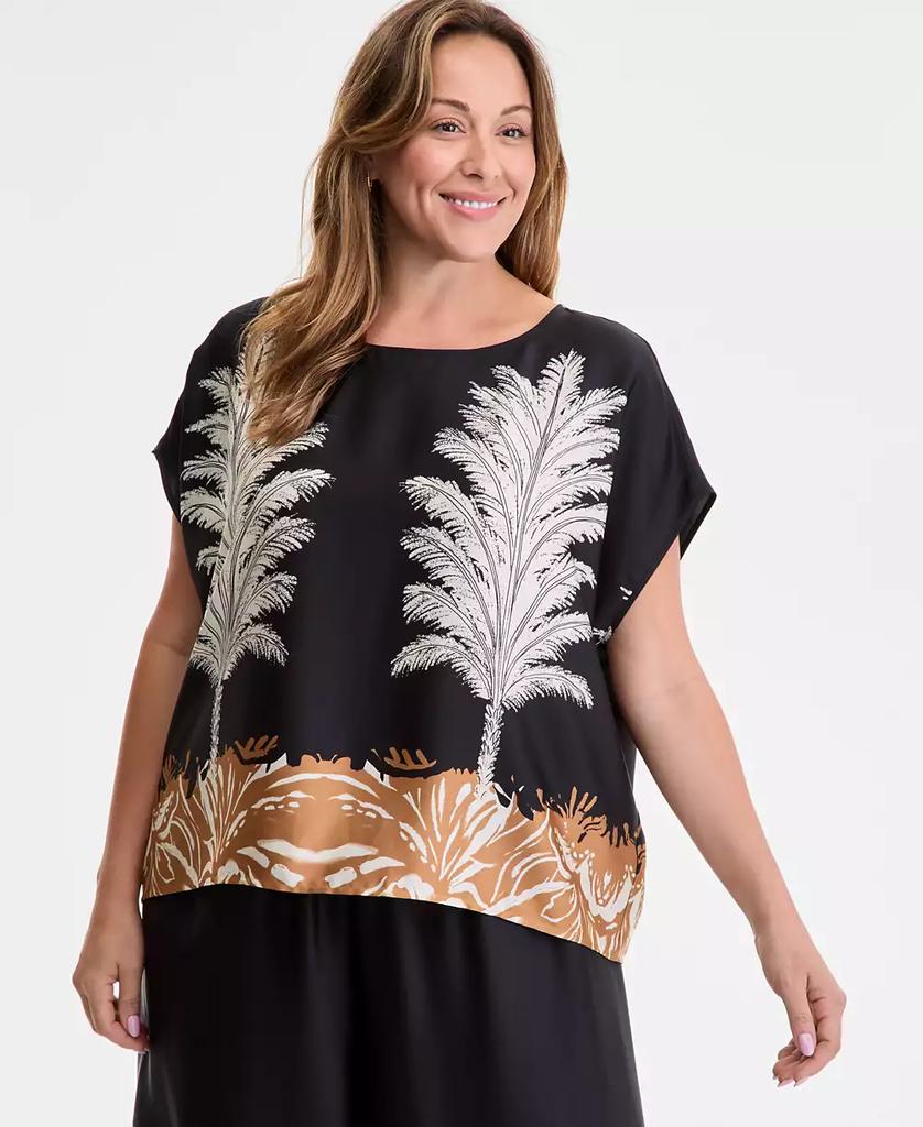Vince Camuto Plus Size Placed-Print Boat-Neck Caftan Blouse
