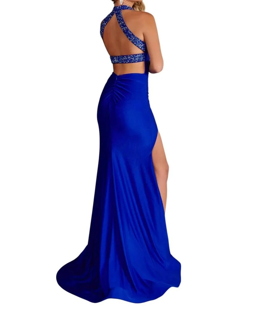 RACHEL ALLAN Beaded High Neckline Prom Dress In Royal 2