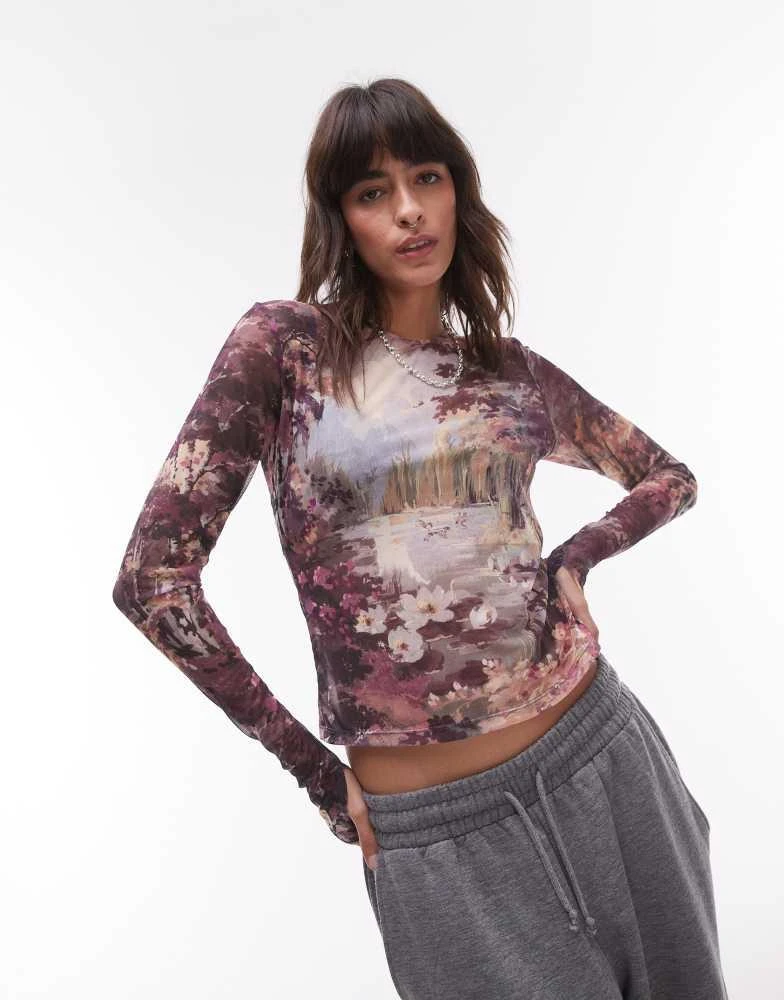 & Other Stories & Other Stories mesh jersey long sleeve top with thumbhole detail in landscape print 1