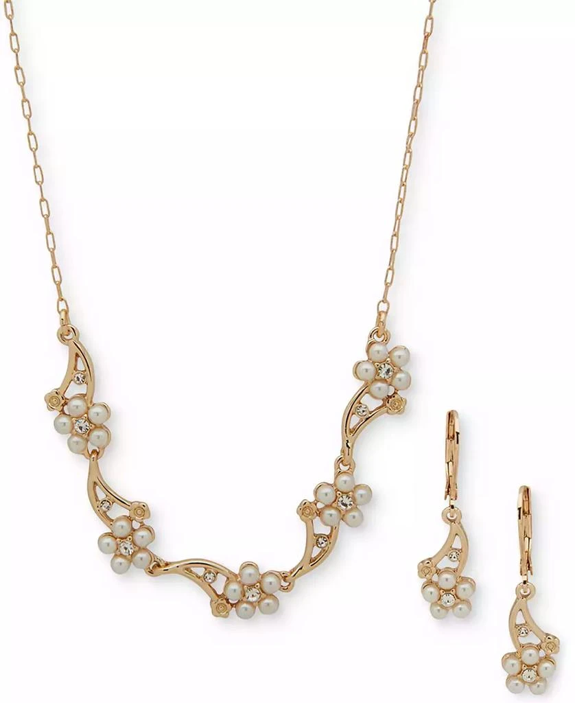 Anne Klein Gold-Tone Pavé & Imitation Pearl Flower Statement Necklace & Drop Earrings Set 1