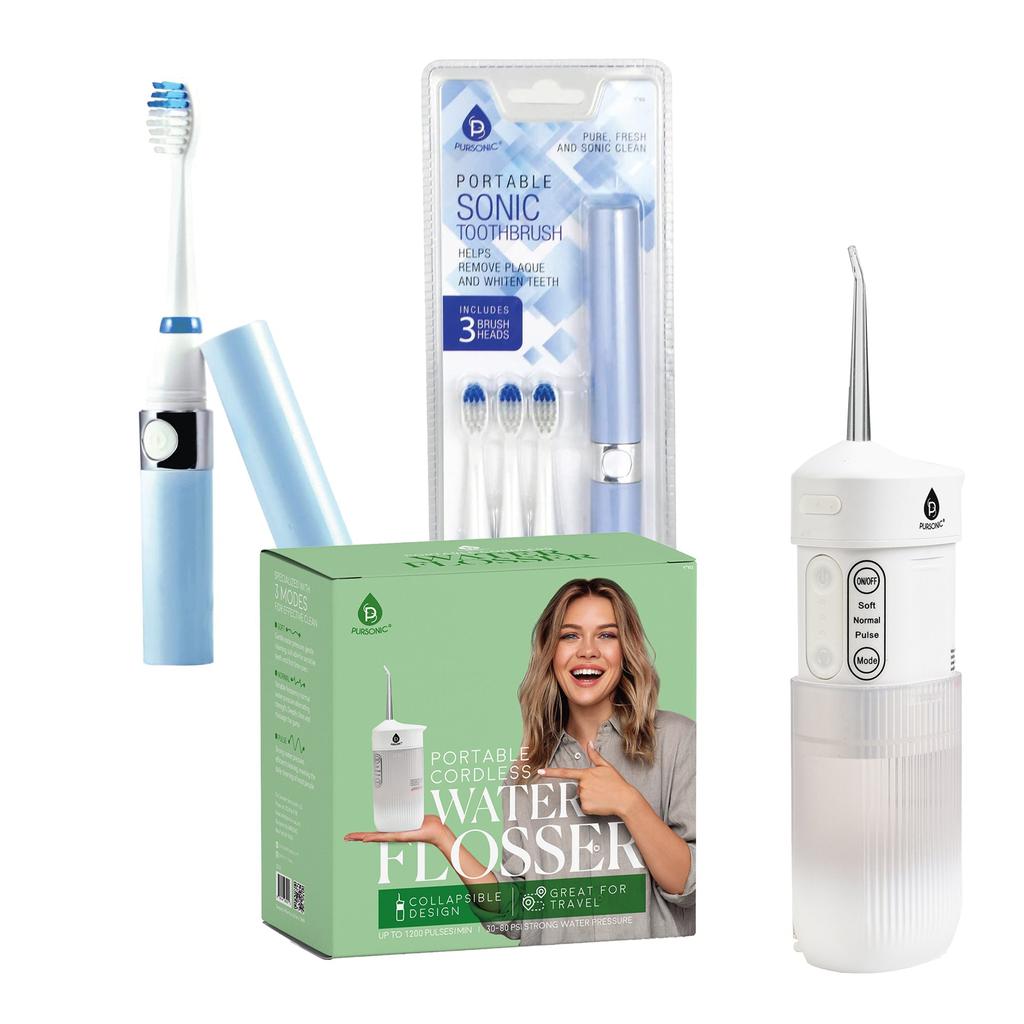 PURSONIC Compact Travel Oral Care Bundle: Portable USB Rechargeable Collapsible Water Flosser and Pursonic Portable Sonic Toothbrush