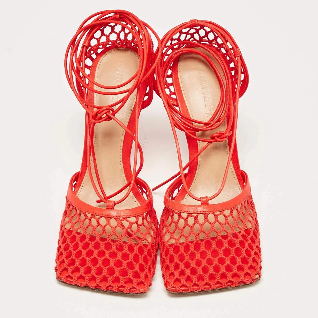 Bottega Veneta Bottega Veneta Coral Red Mesh and Leather Stretch Wrap Pumps Size 38 3