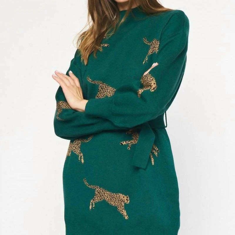 entro Still Got It Sweater Dress In Green Leopard 2