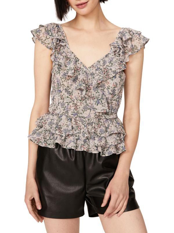 MARISSA WEBB Floral Ruffle Faux Wrap Top