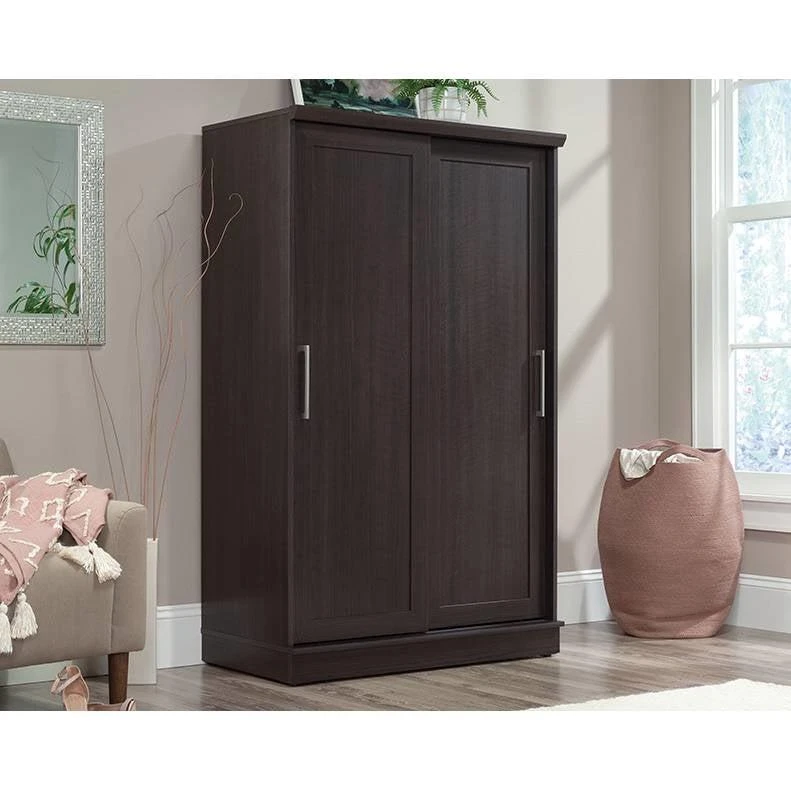 QuikFurn FarmHouse Espresso Oak Sliding Doors Garment Rod Wardrobe Armoire 1