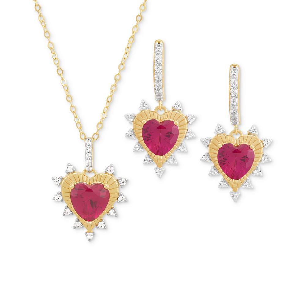 Macy's 2-Pc. Set Lab Grown Ruby (4-1/5 ct. t.w.) & Lab Grown White Sapphire (5/8 ct. t.w.) Heart Pendant Necklace & Matching Drop Earrings in 14k Gold-Plated Sterling Silver