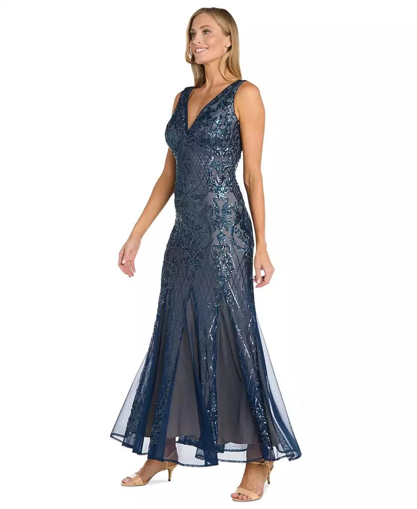 R & M Richards Women's Beaded Godet-Mesh V-Neck Gown 3