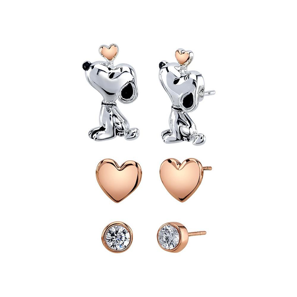 Peanuts Unwritten Three Pair Silver Plated Snoopy Earring Set with Rose Gold Heart and CZ Bezel Stud