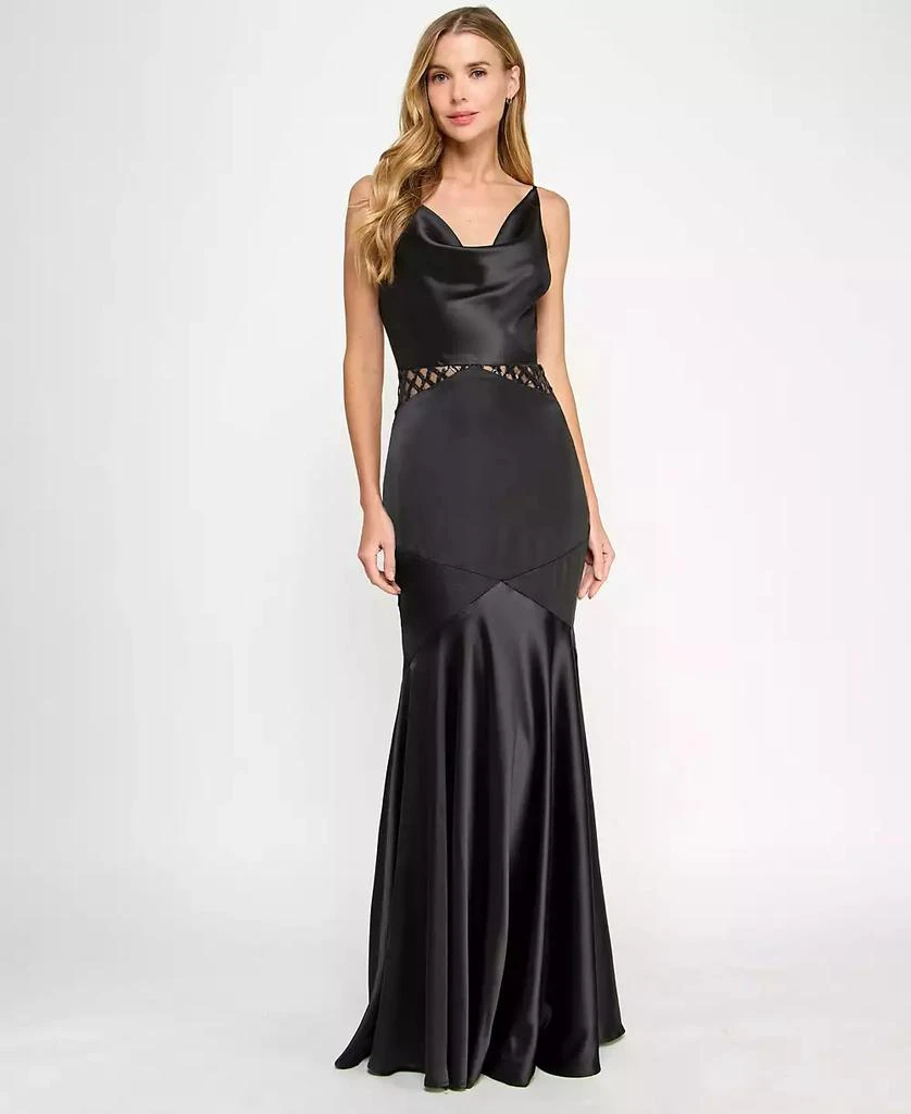 SENI & CADE Juniors' Satin Cowlneck Cutout Gown 1