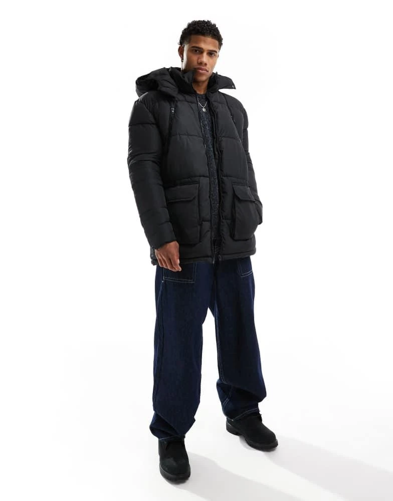 French Connection Mens French Connection puffer jacket with hood and pockets in black 2