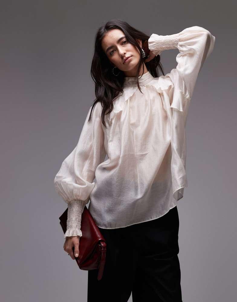 & Other Stories & Other Stories sheer volume blouse with frill detail in white