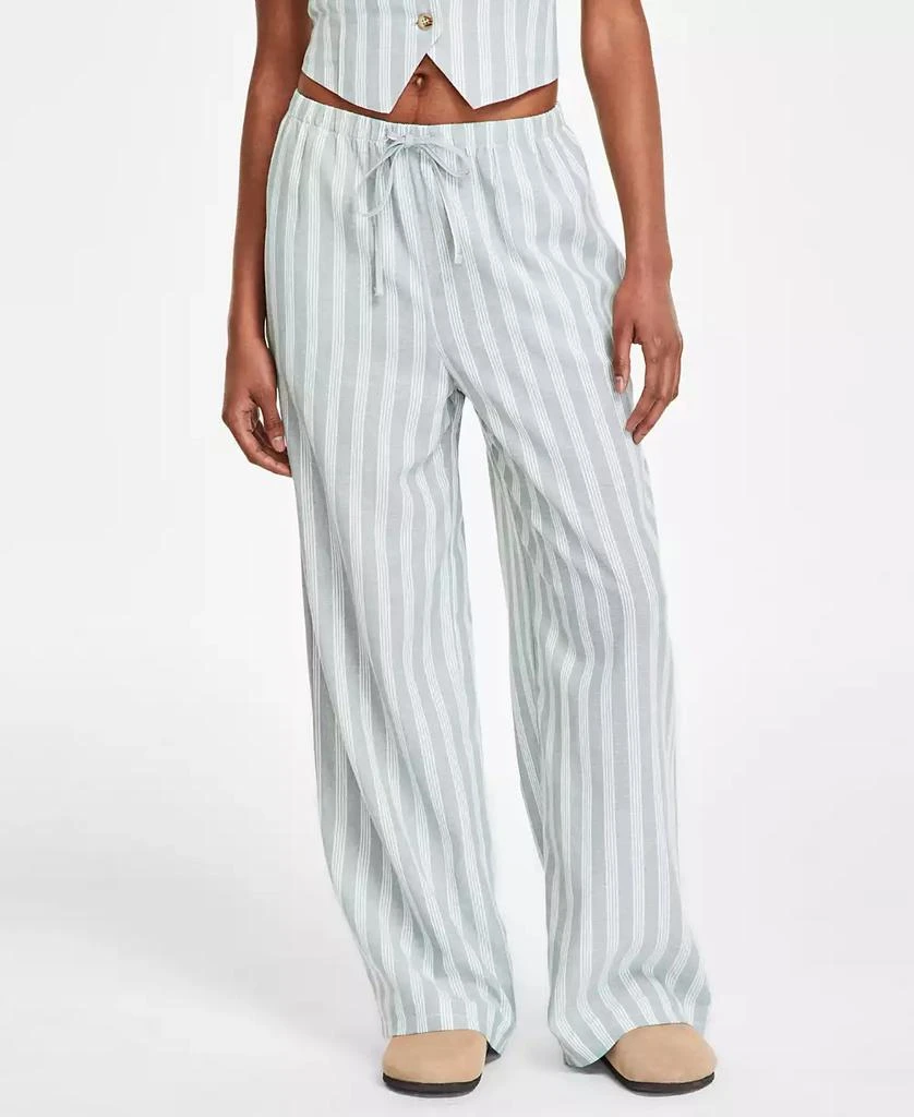 Hippie Rose Juniors' Striped Wide-Leg Drawstring Linen-Blend Pants 3
