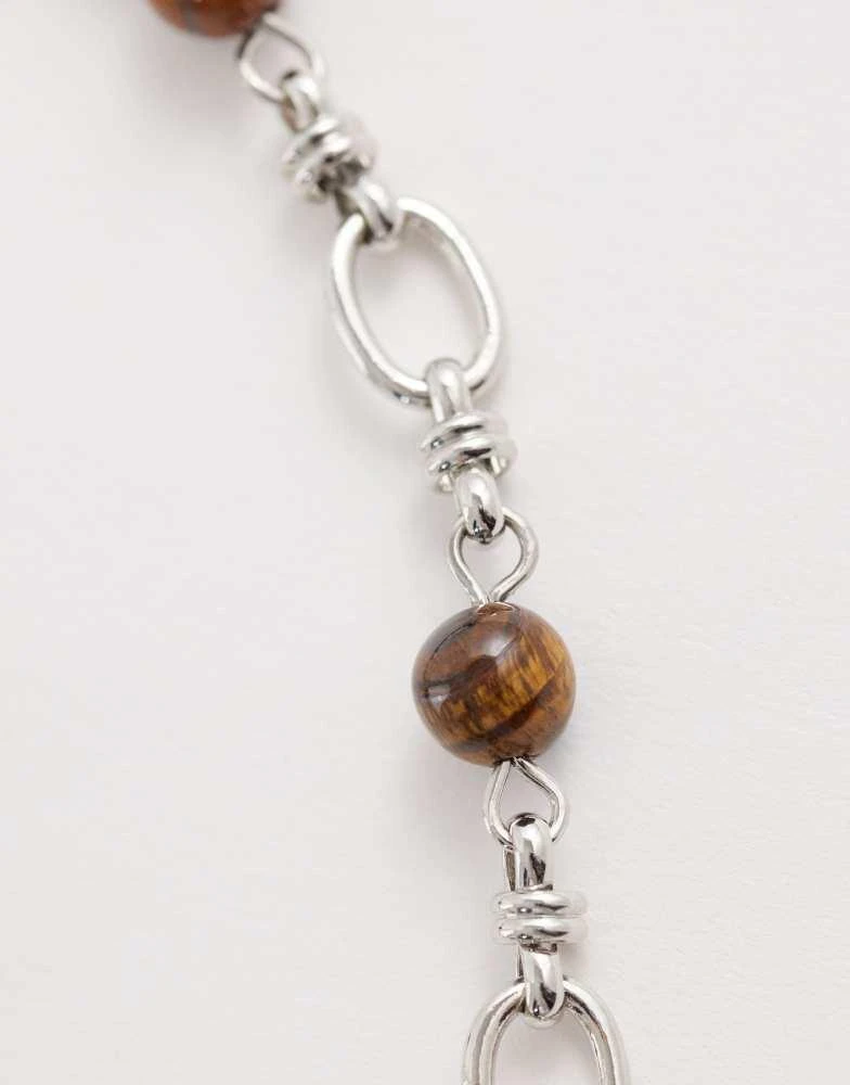 ASOS ASOS DESIGN stationed semi-precious tigers eye stone and link chain bracelet in silver 2