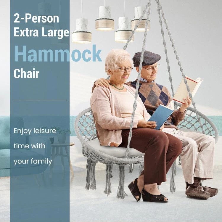 Hivvago 2 Person Hanging Hammock Chair with Cushion Macrame Swing-Gray 3