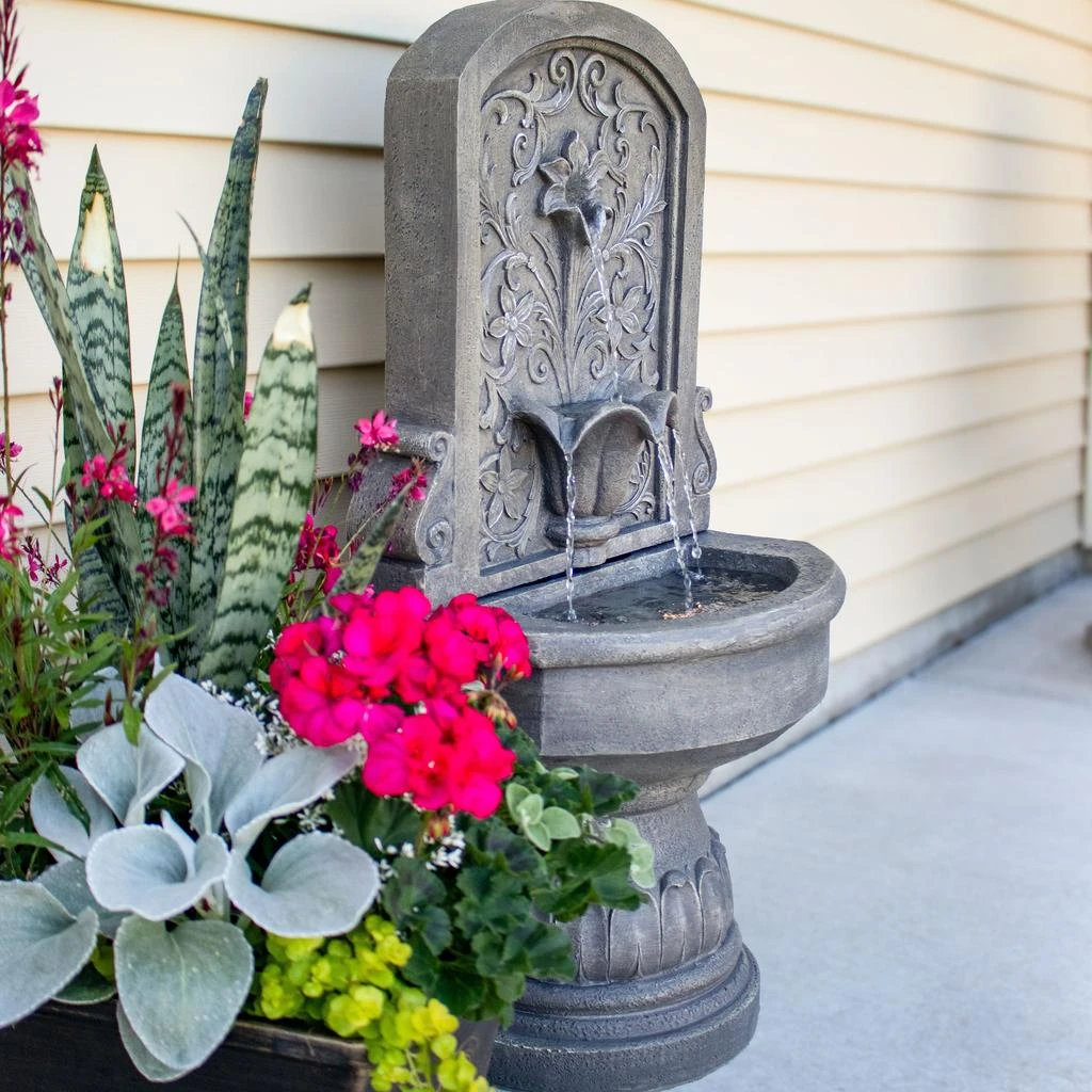 Sunnydaze Lovely Lily Polyresin Flat Back Pedestal Outdoor Wall Fountain for the Patio, Deck, or Yard - 37.5" - Gray 4