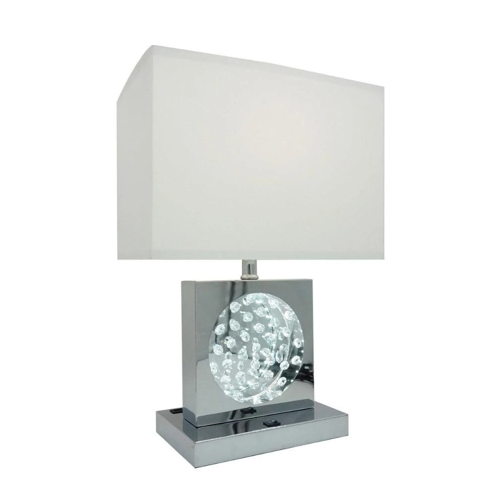 Hivvago Rohi 22 Inch Table Lamp, White Fabric Shade, Chrome Base, LED Accents