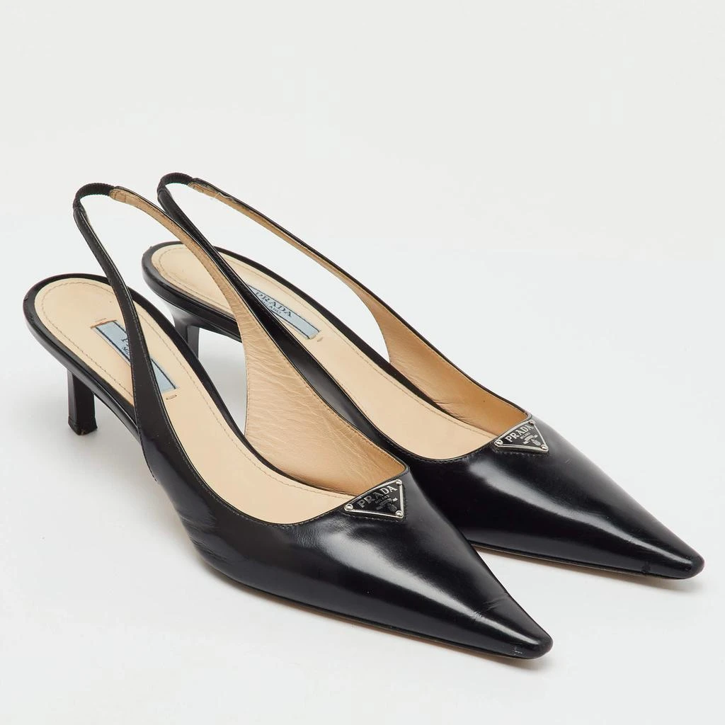 Shop Prada Black Leather Triangle Logo Pointed Toe Slingback Pumps