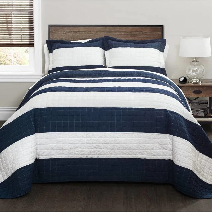 Hivvago Full/Queen Navy White Stripe 3 Piece Cotton Lightweight Quilt Set