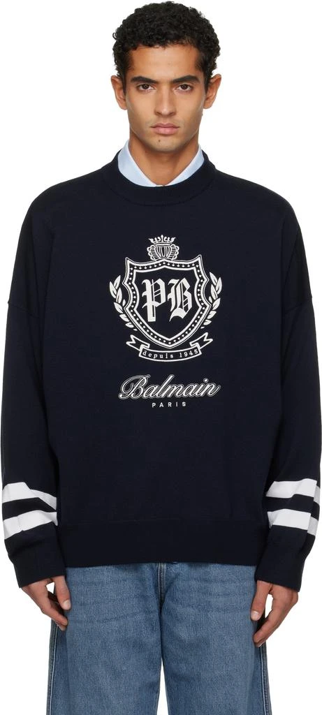 Balmain Navy College Emblem Knit Sweater 1