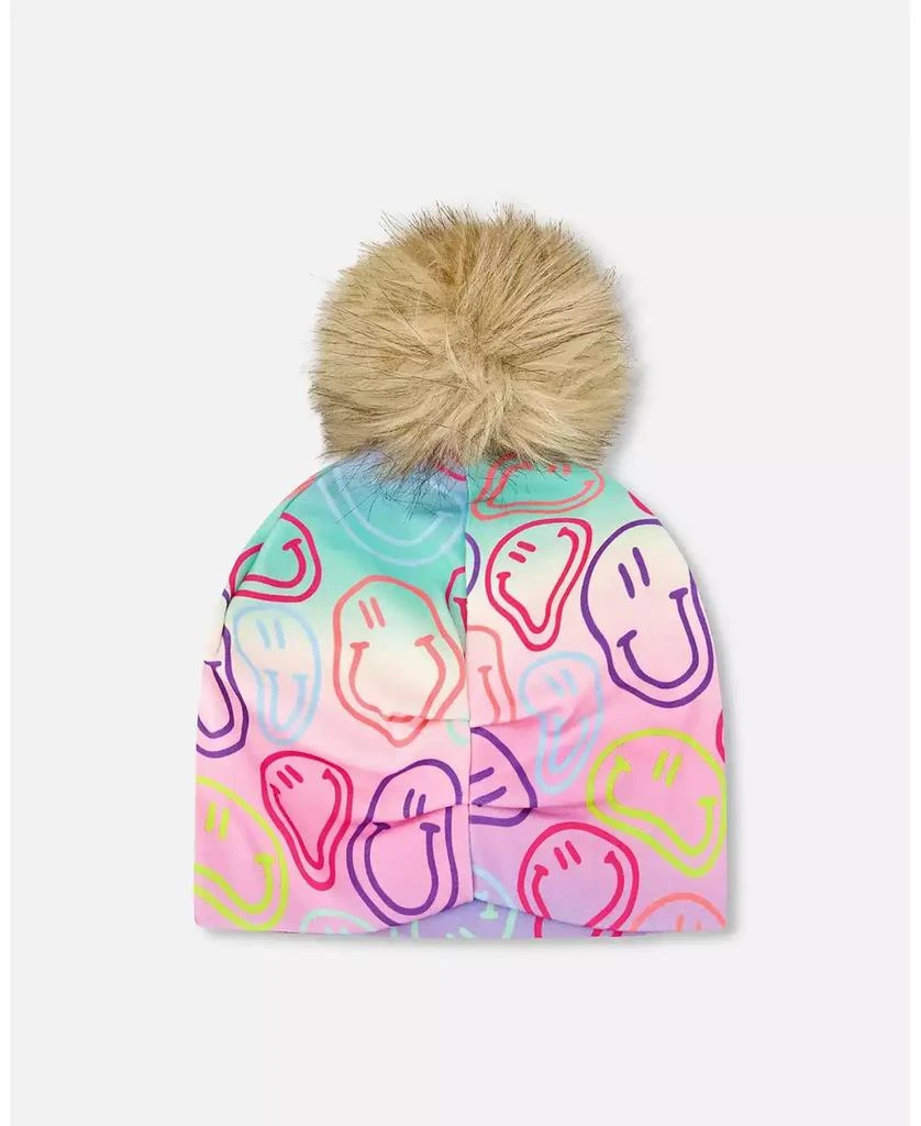 Deux par Deux Girl Stretch Jersey Hat Multicolored Printed Smileys with Pompom - Toddler|Child 4