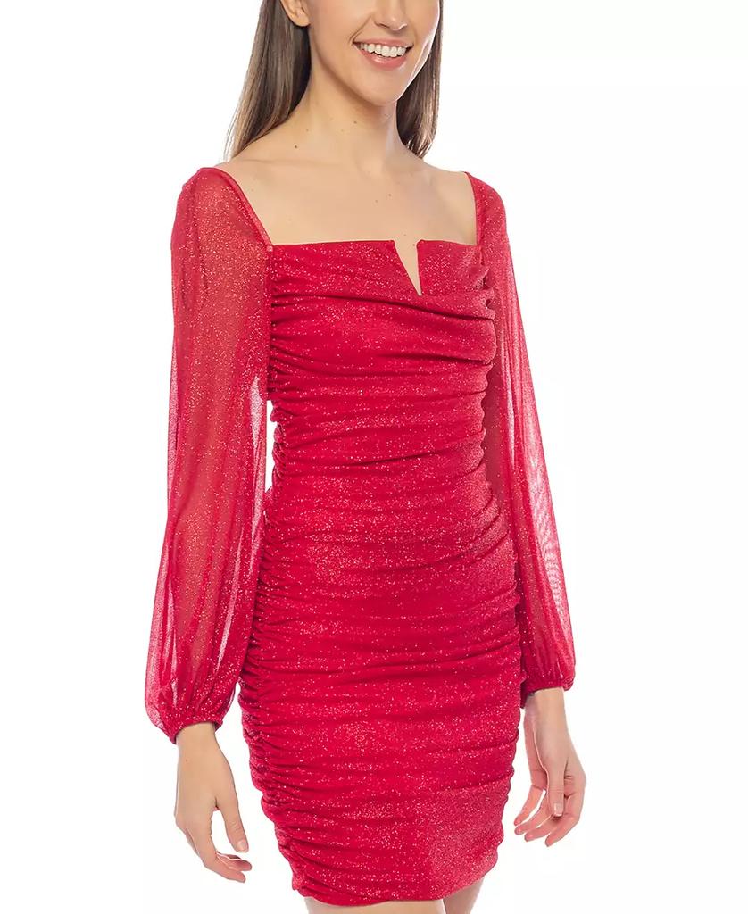 Jump Women's Glitter-Finish Ruched Sheer-Sleeve Dress