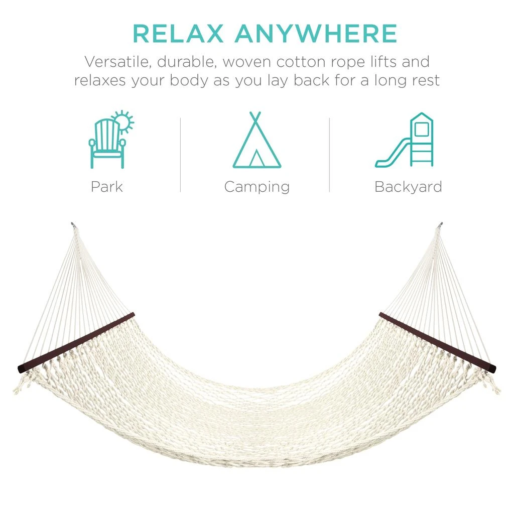 Best Choice Products 2-Person Woven Cotton Rope Double Hammock for Backyard w/ Spreader Bars, Carrying Case 3