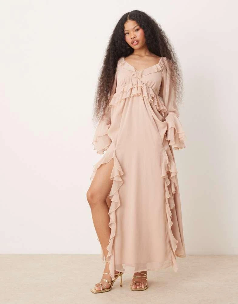 Miss Selfridge Miss Selfridge Petite chiffon boho ruffle maxi dress in pink 2