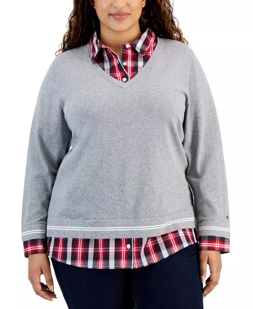 Tommy Hilfiger Plus Size Plaid Layered-Look Cotton Sweater 1