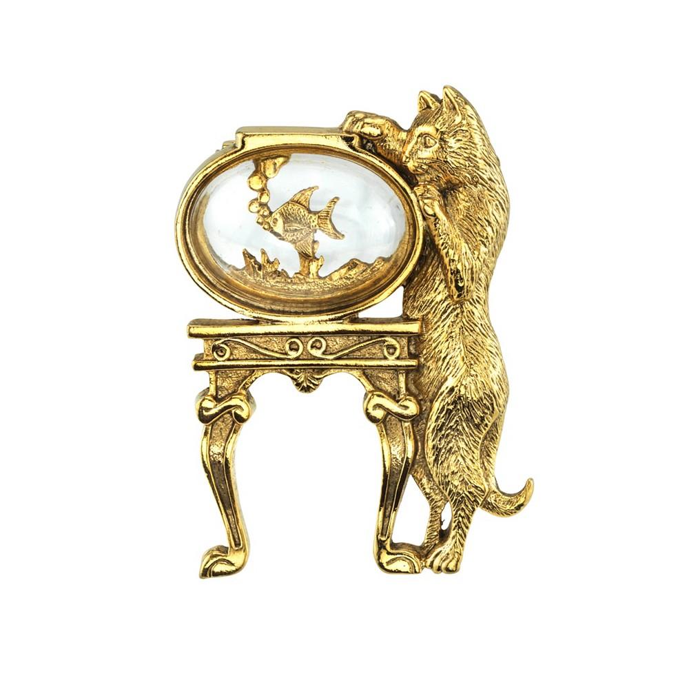 2028 14K Gold-Dipped Crystal Cat and Fish Bowl Pin