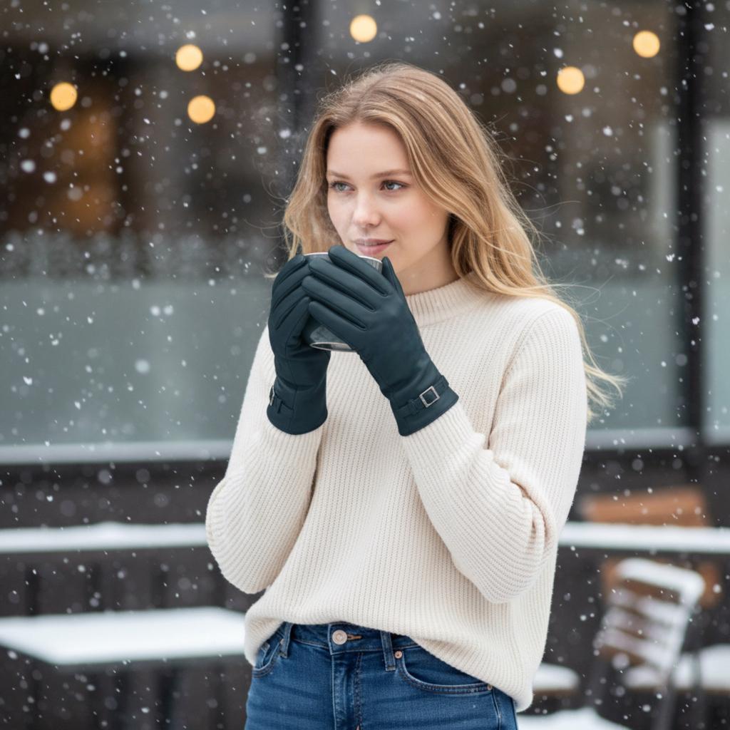 Infinity Leather Womens Teal Green Italian Leather Soft Wool Lining Winter Buckle Driving Gloves