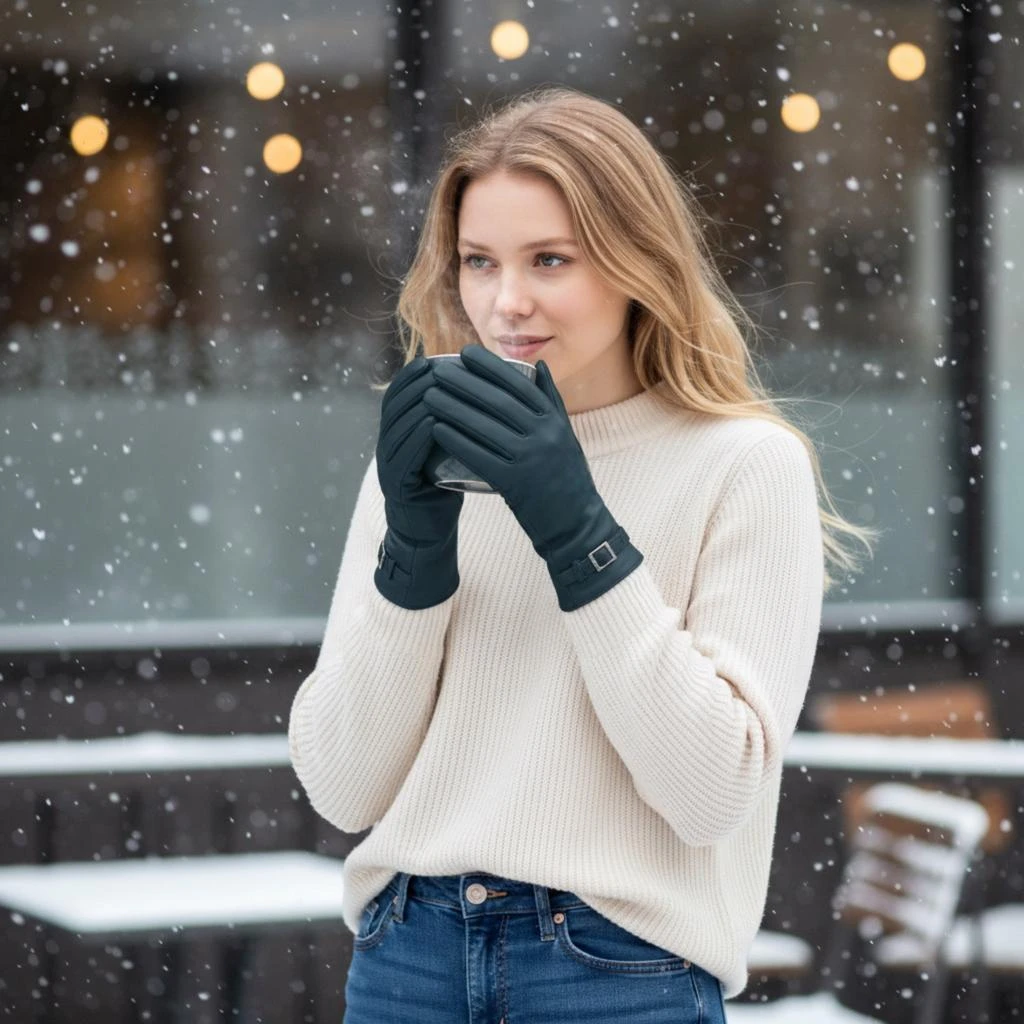 Infinity Leather Womens Teal Green Italian Leather Soft Wool Lining Winter Buckle Driving Gloves 2