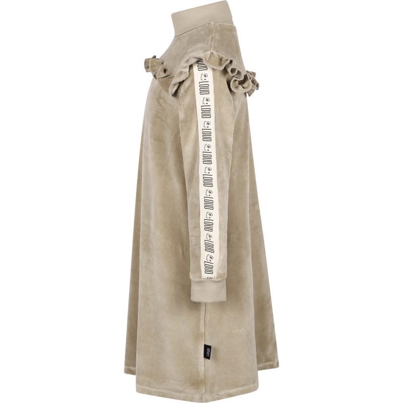 Loud Apparel Taupe dress long length with thumb holes and loud tape on the sleeves