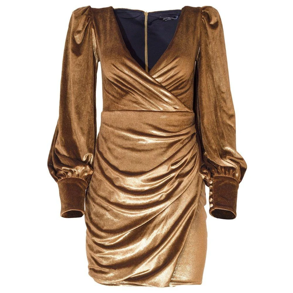 PatBO Patbo Women Metallic Gold Velvet Plunge V-Neck Bell Sleeve Mini Dress 1